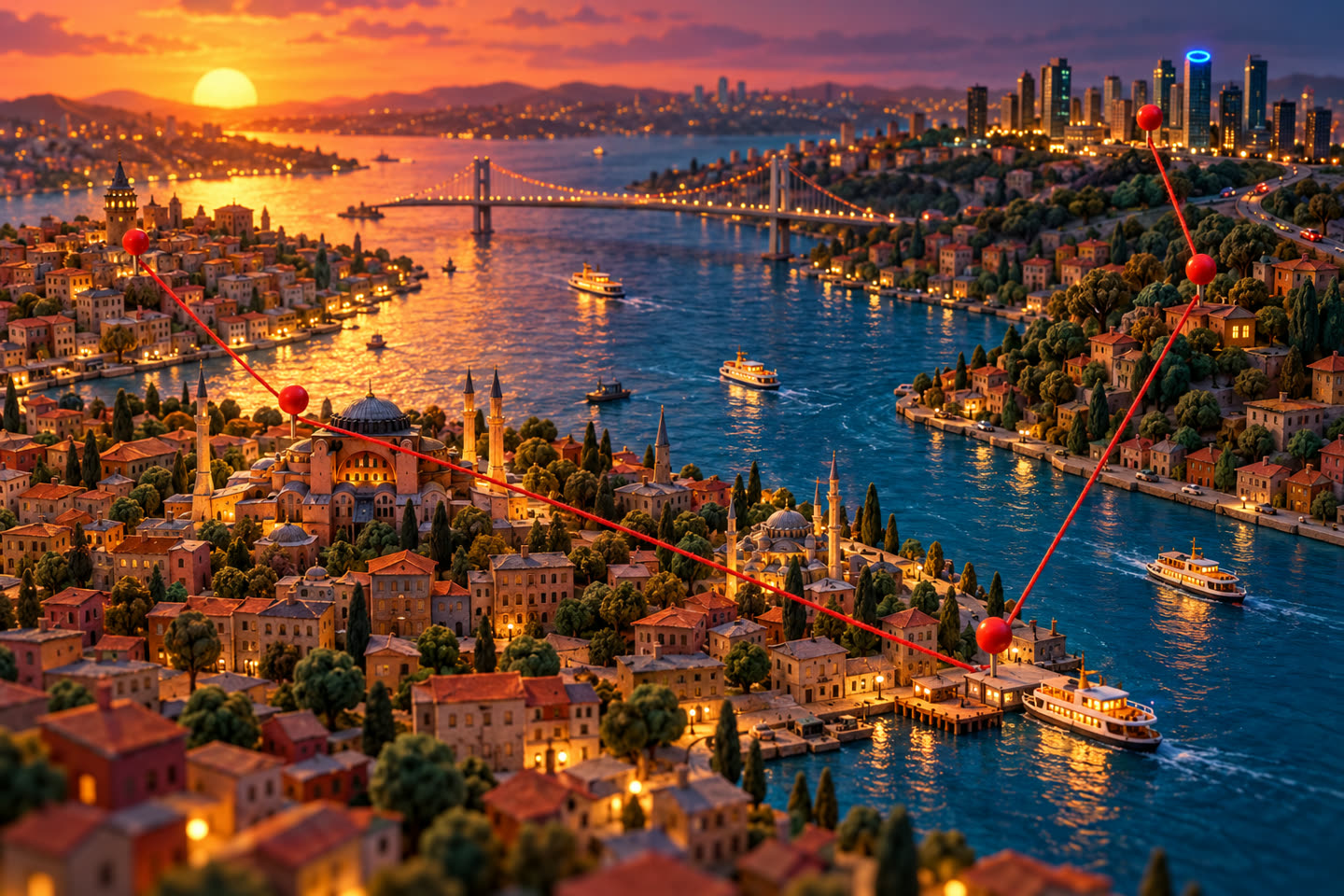 Kilden ve kâğıttan İstanbul maketi; beş kırmızı iğne kırmızı iple birbirine bağlı