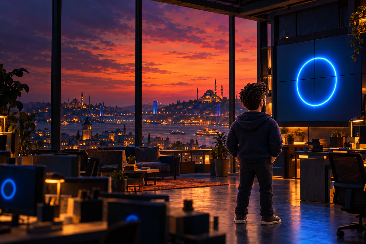 Gün batımında İstanbul'a bakan cam ofis; dev ekranda mavi bir halka, önünde sırtı dönük Kaan